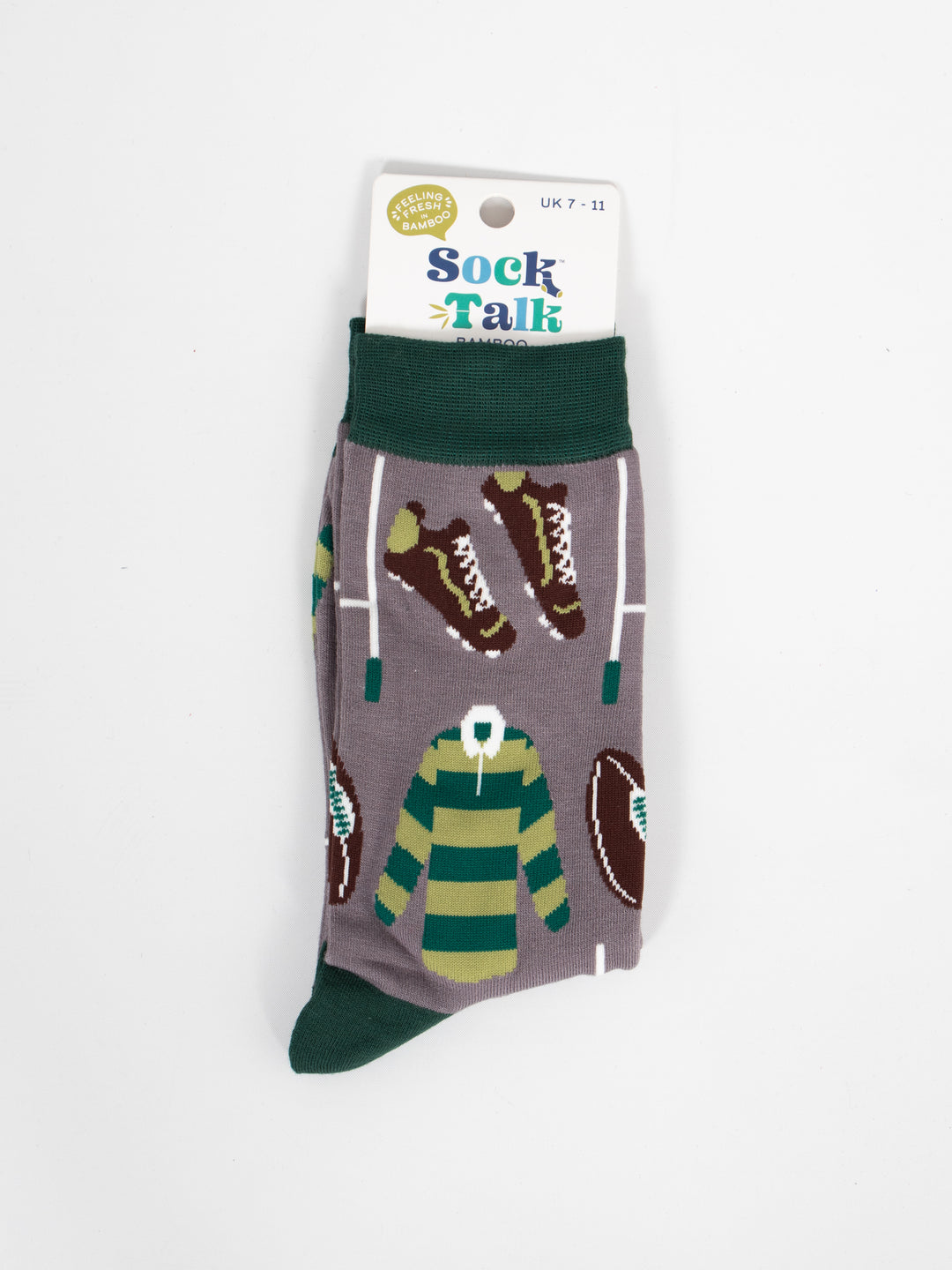 men's grey and green rugby bamboo socks laying flat, showing them in their sock talk packaging. these socks are shown to be a uk size 7-11