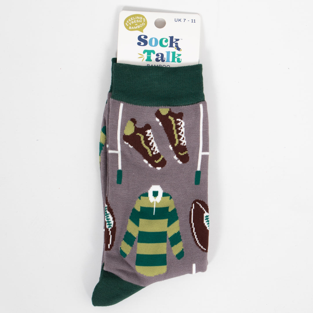 men's grey and green rugby bamboo socks laying flat, showing them in their sock talk packaging. these socks are shown to be a uk size 7-11