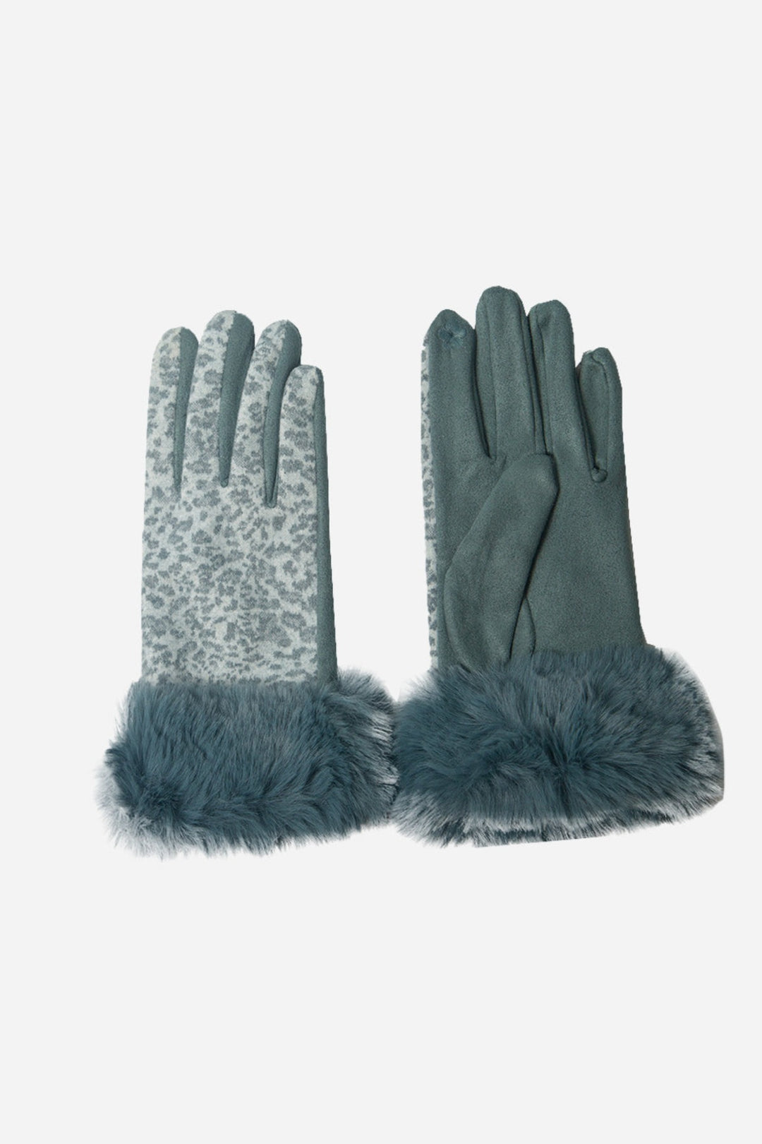 Denim Blue Faux Fur Trim Leopard Print Gloves