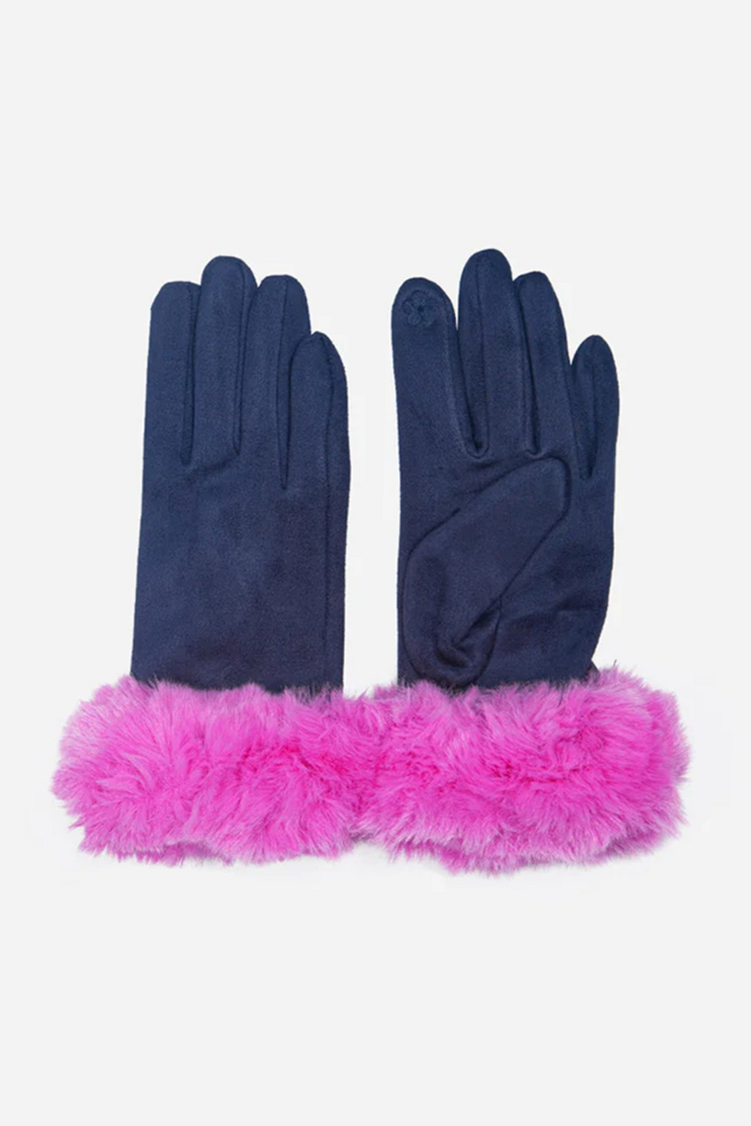 Navy Blue Fuchsia Faux Fur Trim Gloves