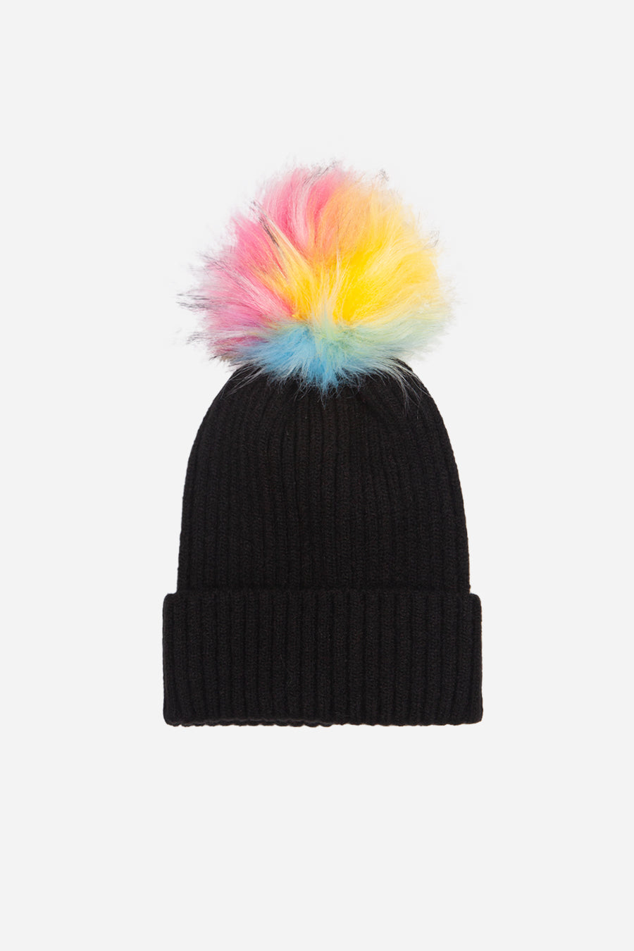 Black Knitted Hat with Bright Multi Coloured Removable Faux Fur Pom Pom