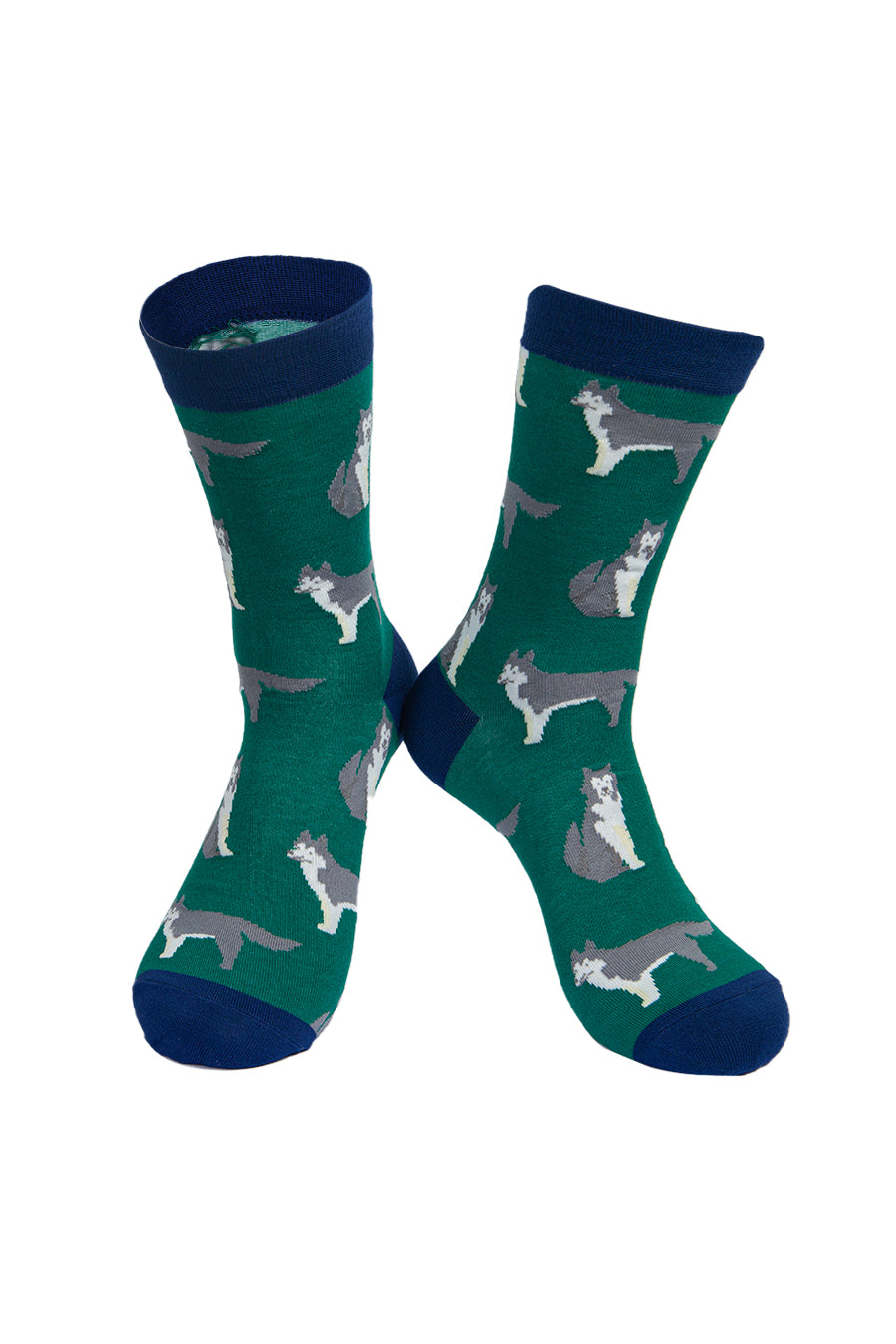 green socks with a yellow heel, toe and cuff with an all over pattern of husky dogs