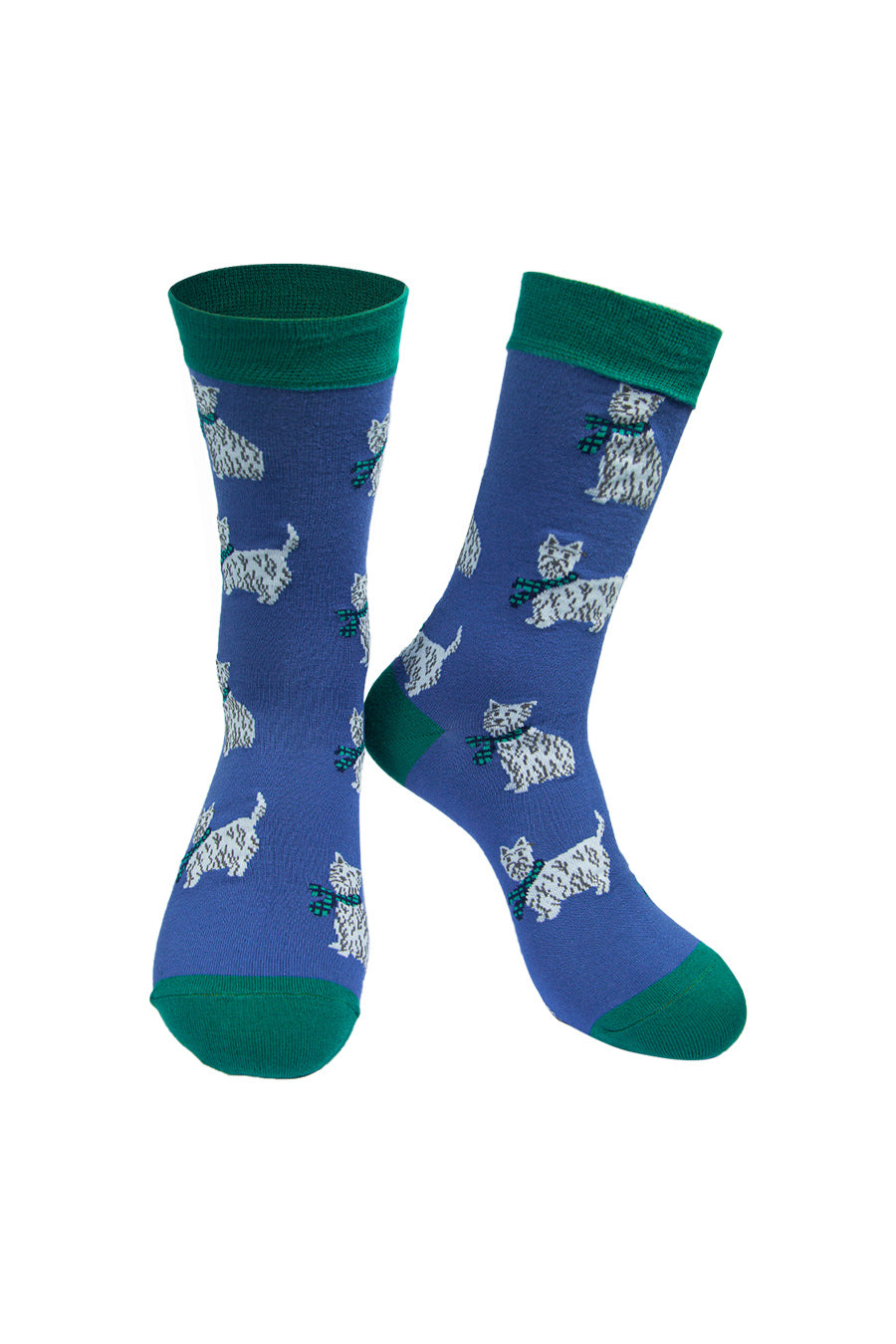 blue socks with a green heel, toe and cuff with an all over pattern of white scottie dogs