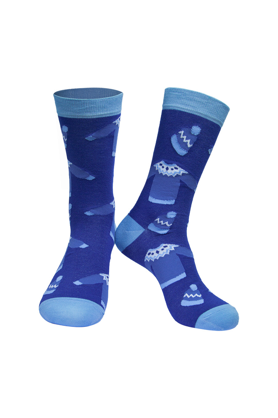 royal blue socks with light blue heel, toe and cuff with a pattern of christmas jumpers and knitted hats