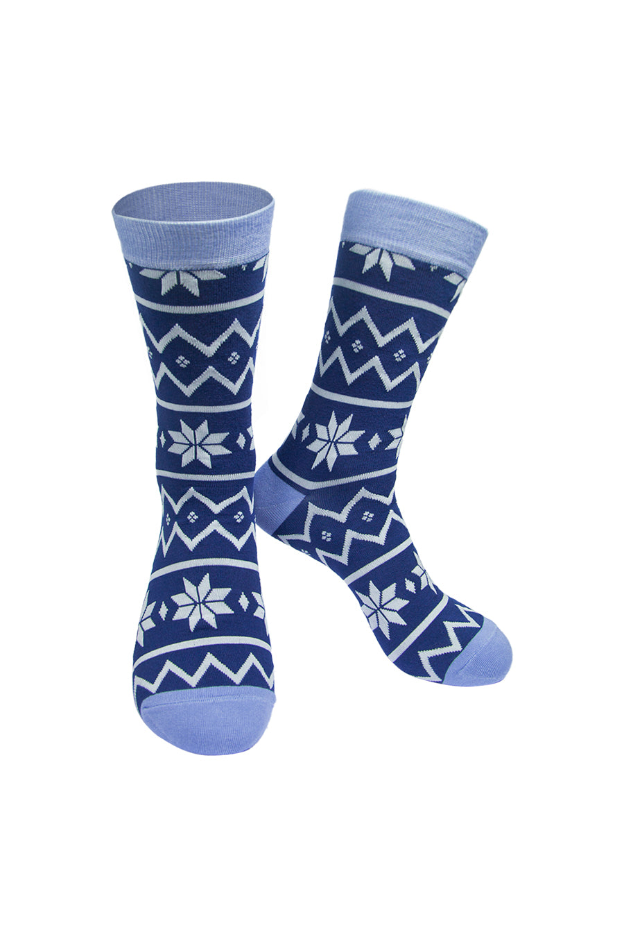 blue socks with a white fair isle style pattern 