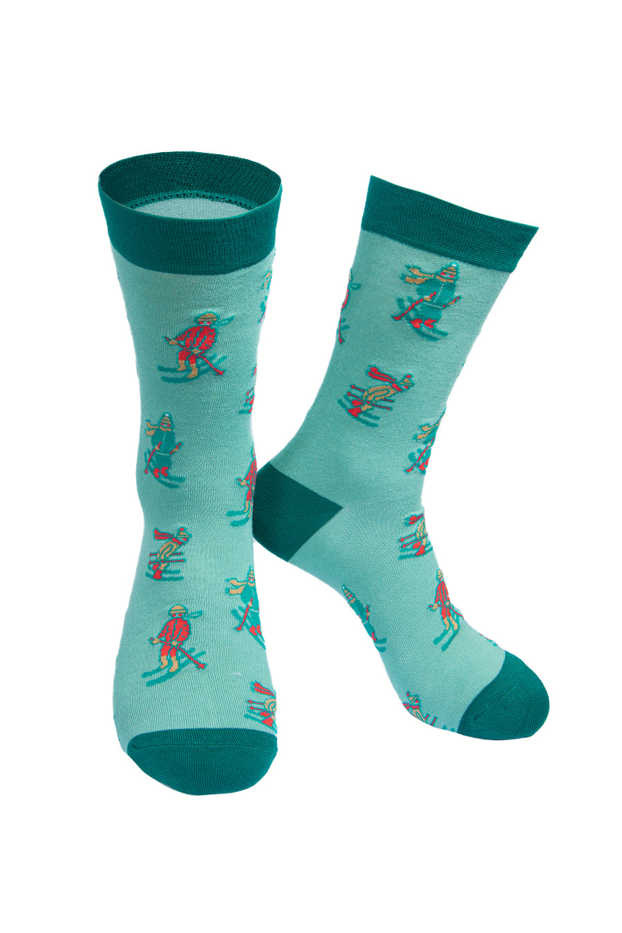 green socks with a pattern of red and green skiers all over