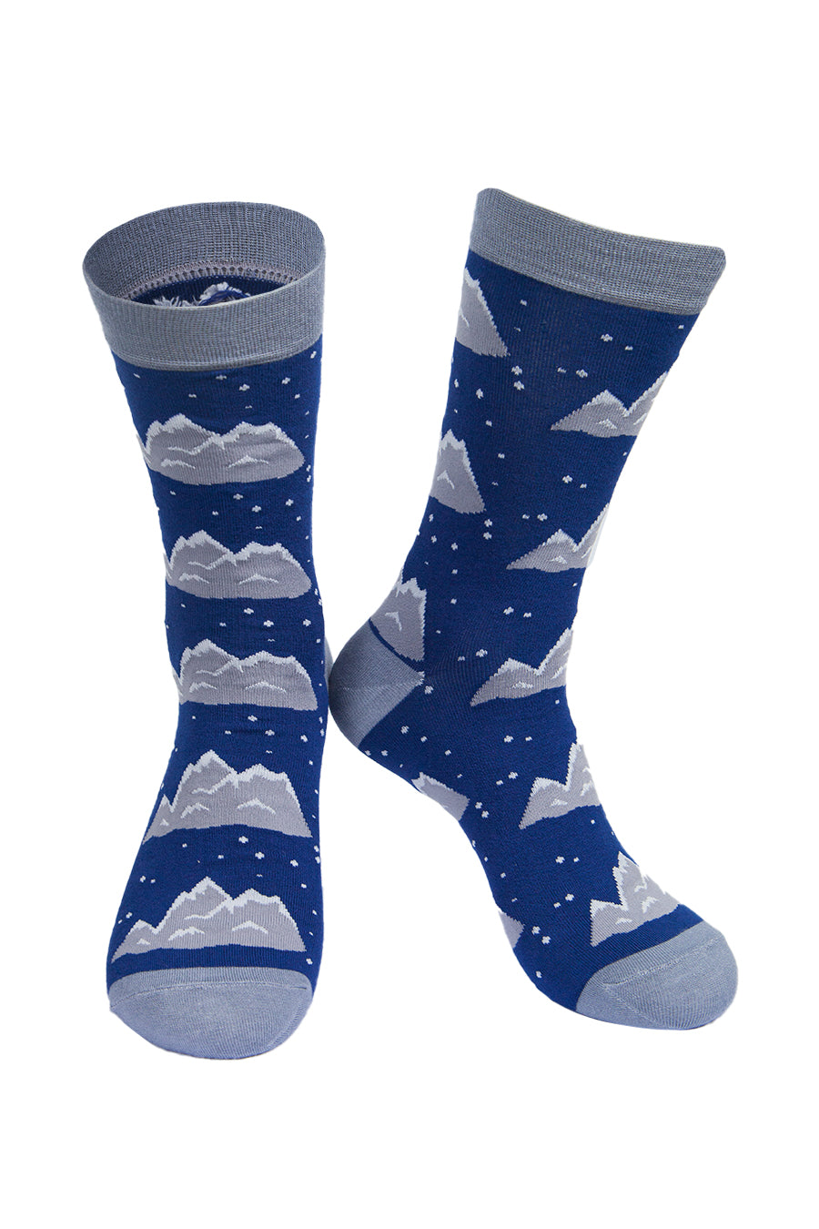 blue socks with grey heel, toe and cuff with an all over pattern of snow covered mountains