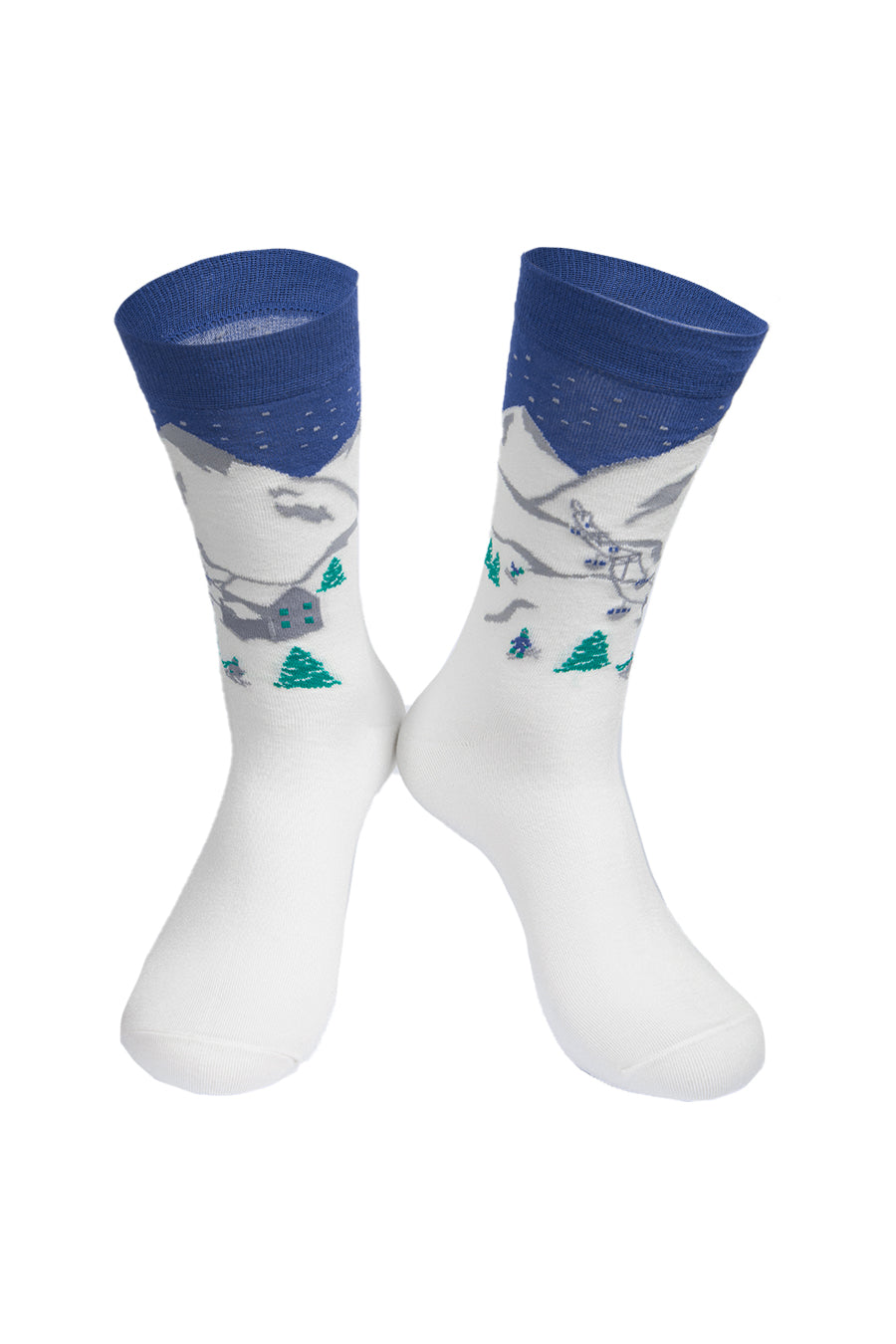 white and blue socks with a scenic pattern featruing a ski hill, snowy mountains and skiers