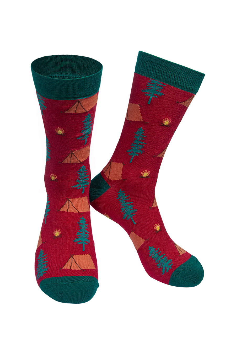 red and green bamboo socks with a pattern of tents, campfires and tress all over 