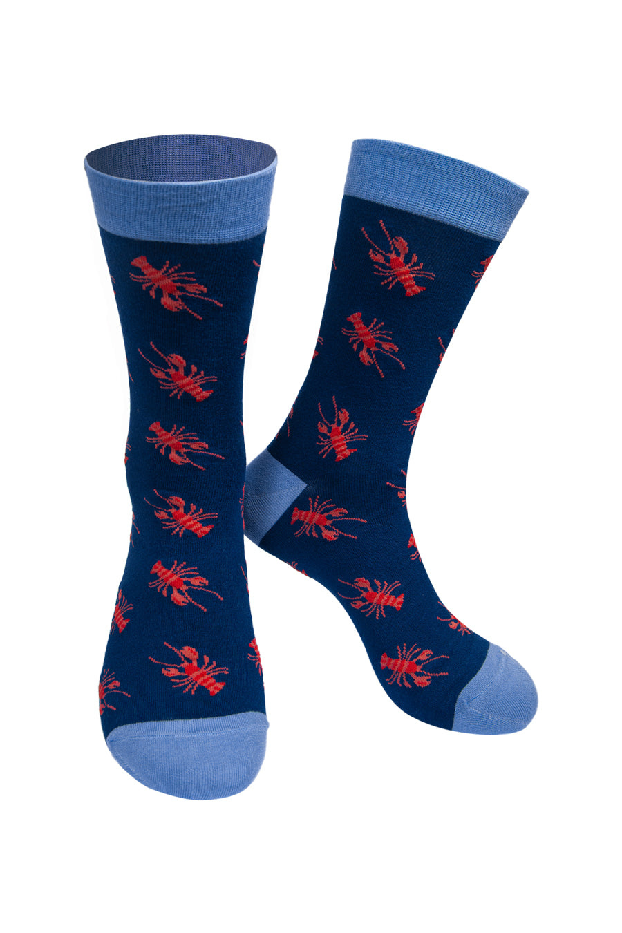 navy blue socks with an all over pattern of red lobsters