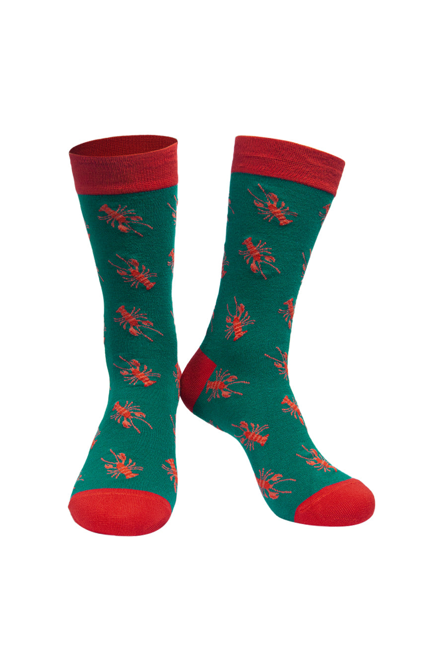 green socks with an all over pattern of red lobsters