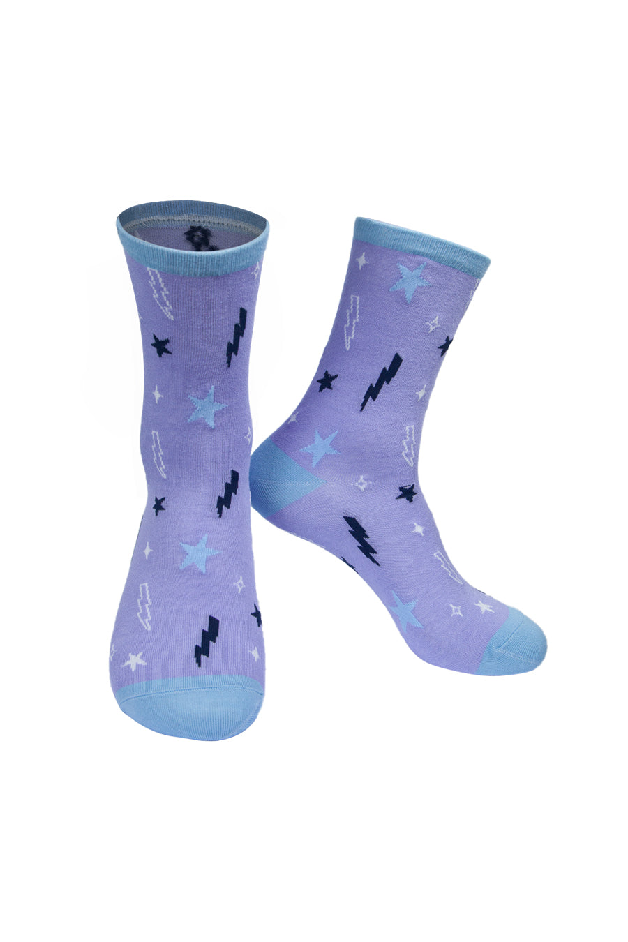 lilac socks with blue heel, toe and cuff with an all over lightning bolt and star pattern