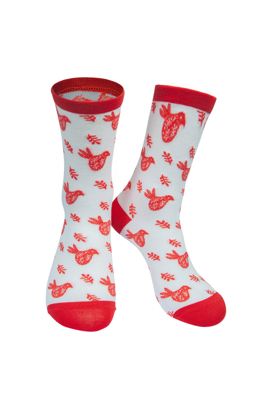 white socks with an all over red scandi bird pattern