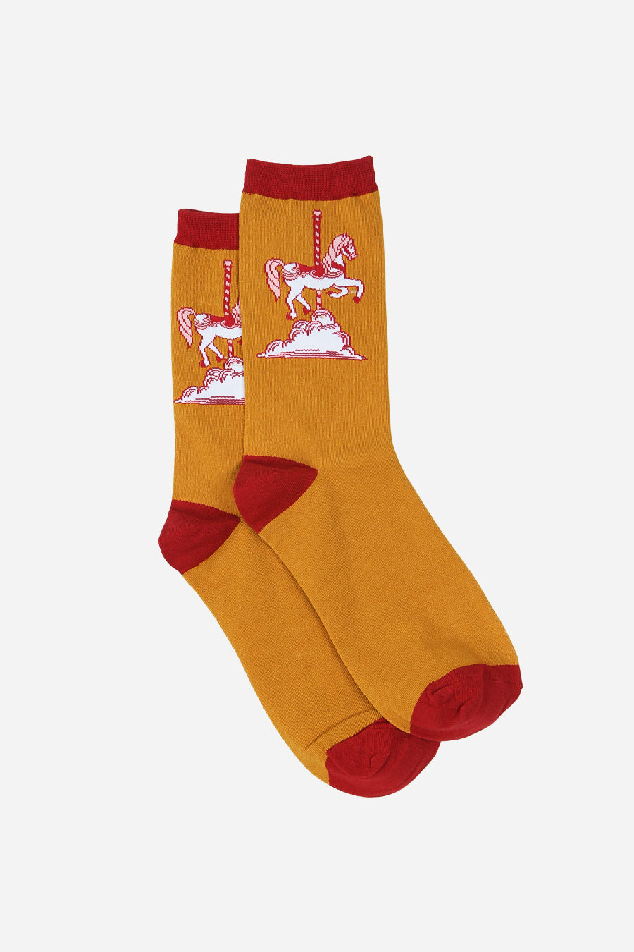Womens Cotton Ankle Socks Horse Print Carousel Mustard Red