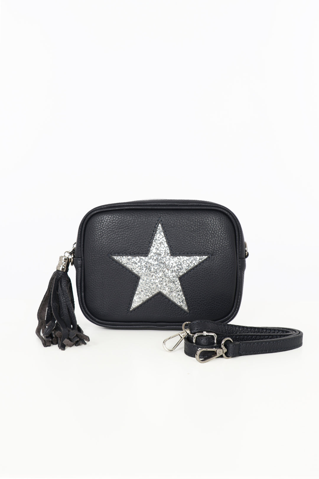 Navy Blue Sliver Glitter Genuine Italian Leather Star Detail Camera Bag With Silver Hardware