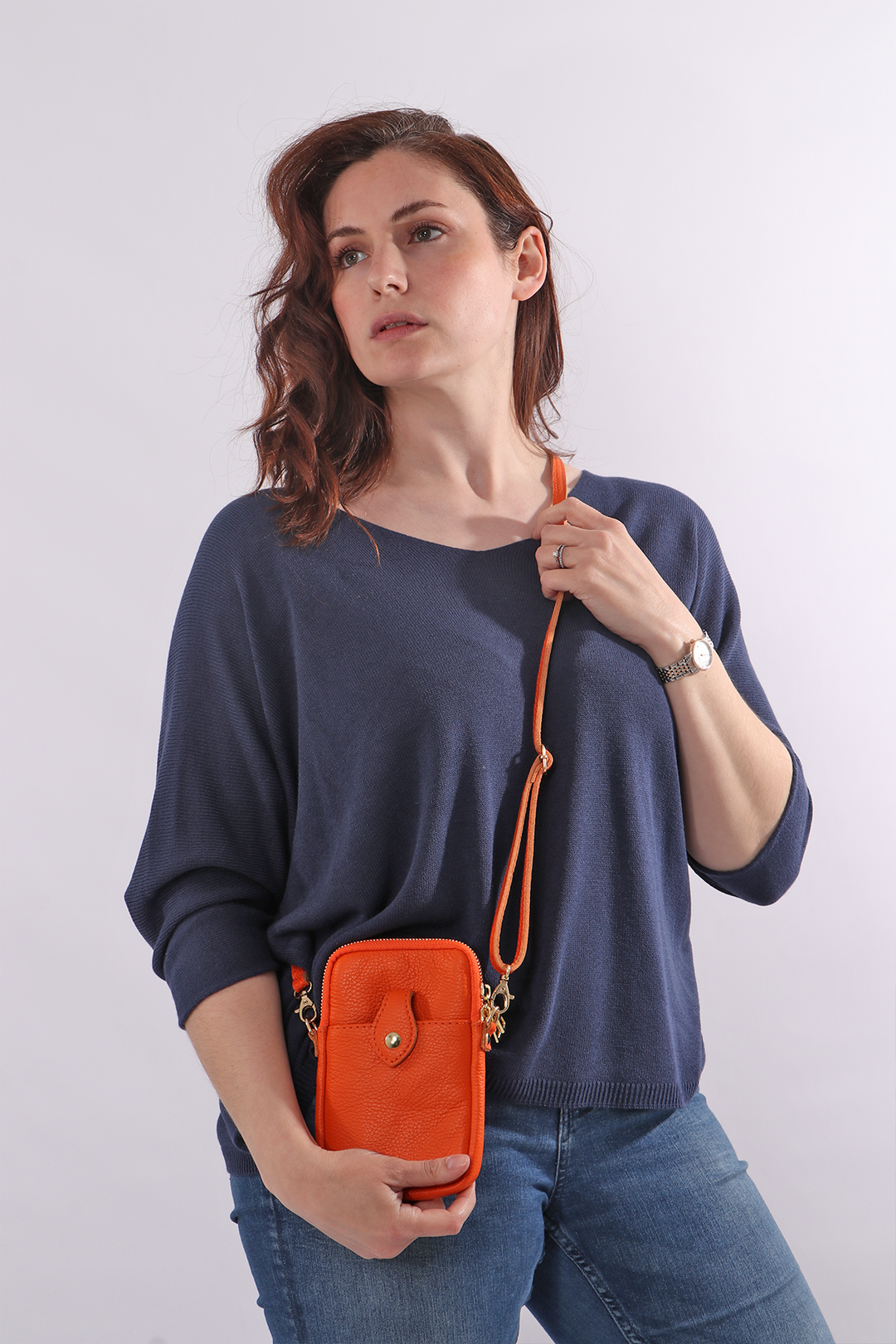 Orange Genuine Italian Leather Crossbody Phone Bag