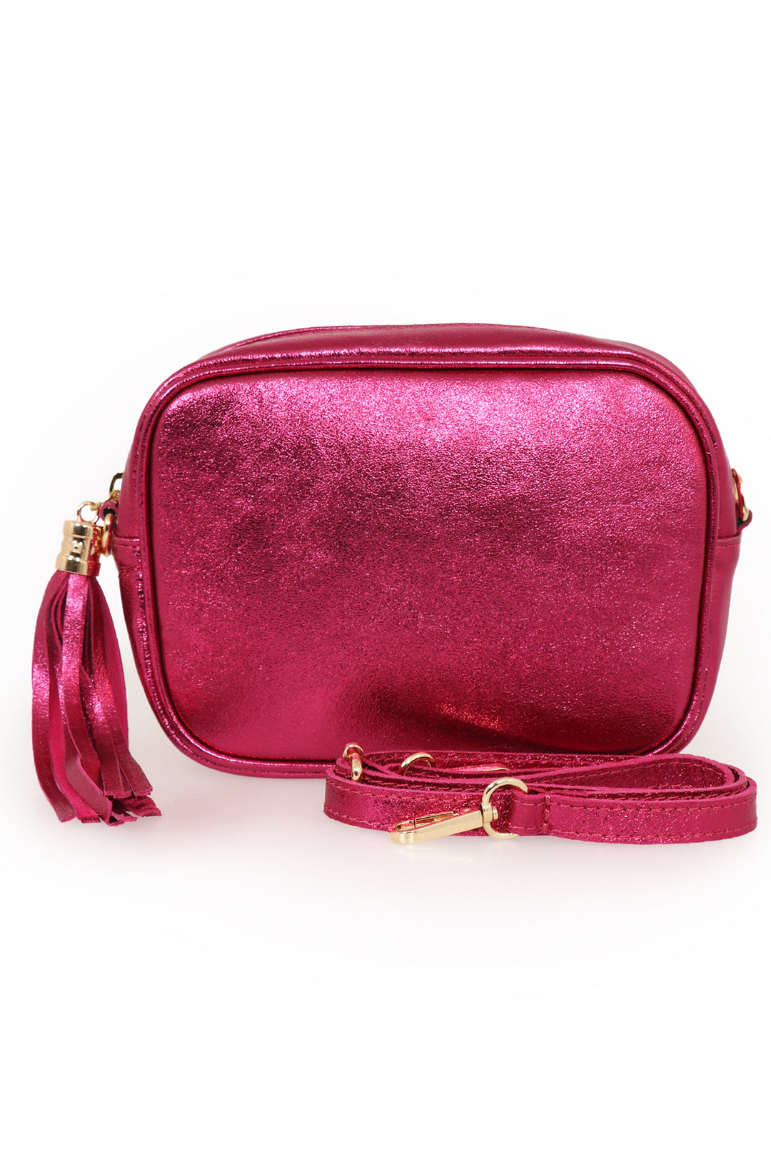 metallic pink berry leather crossbody camera bag with a tassel and matching detachable bag strap