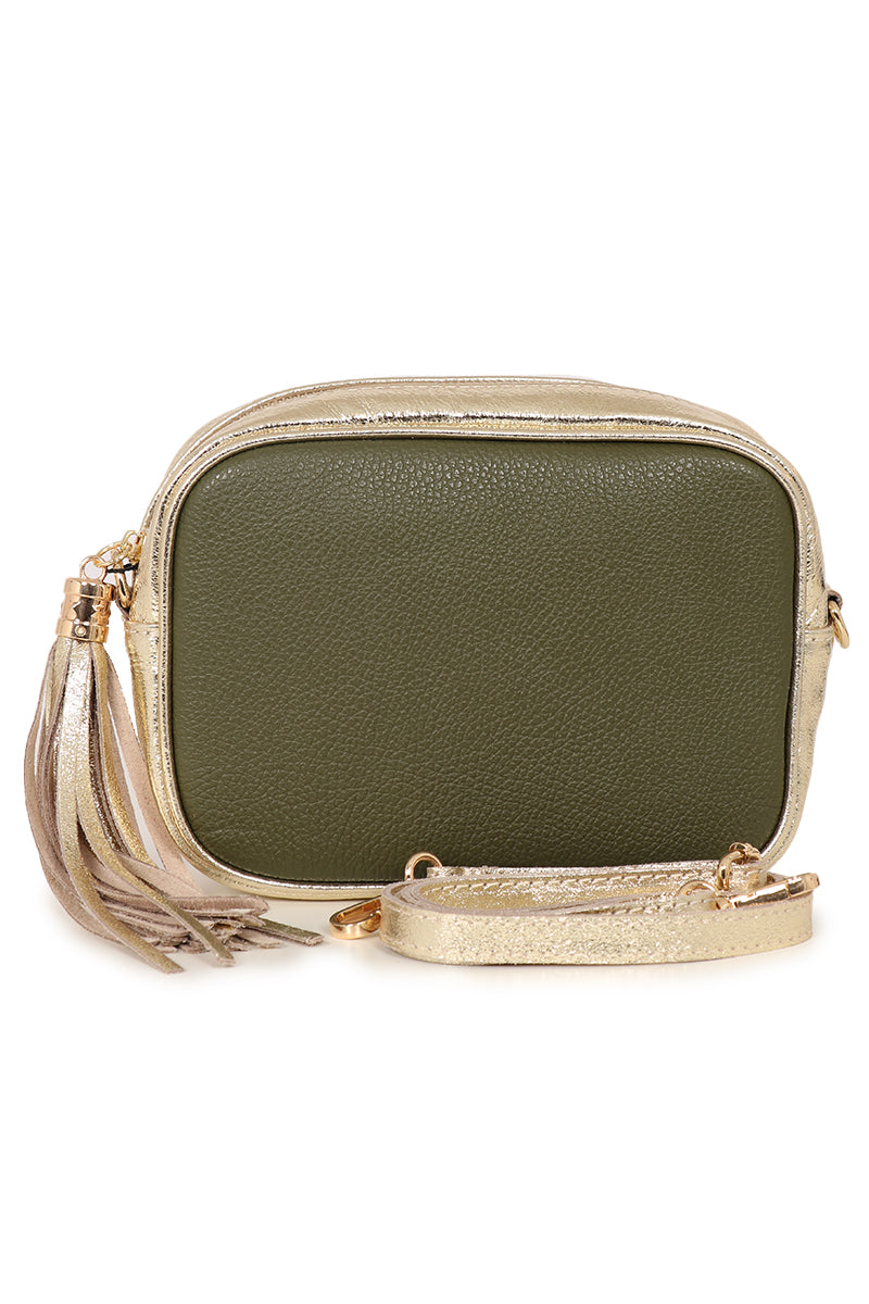 khaki green and gold leather crossbody camera bag with a detachable gold bag strap