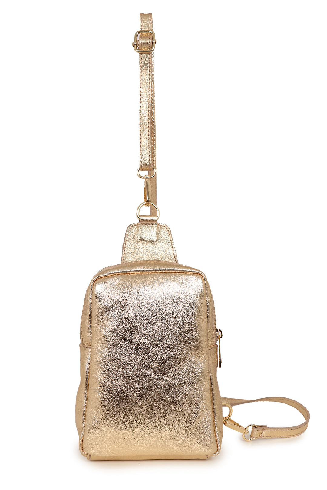 metallic gold sling bag with a detachable adjustable strap