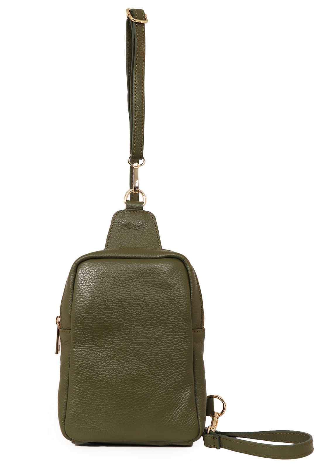 khaki green sling bag with a detachable adjustable strap