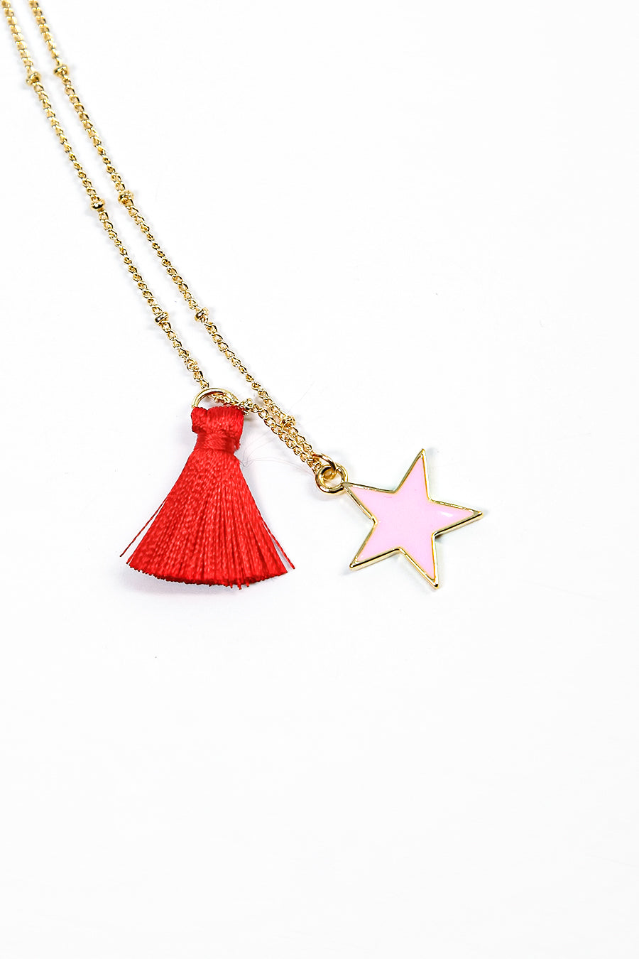 Light Pink Red Tassel and Star Gold Plated Necklace