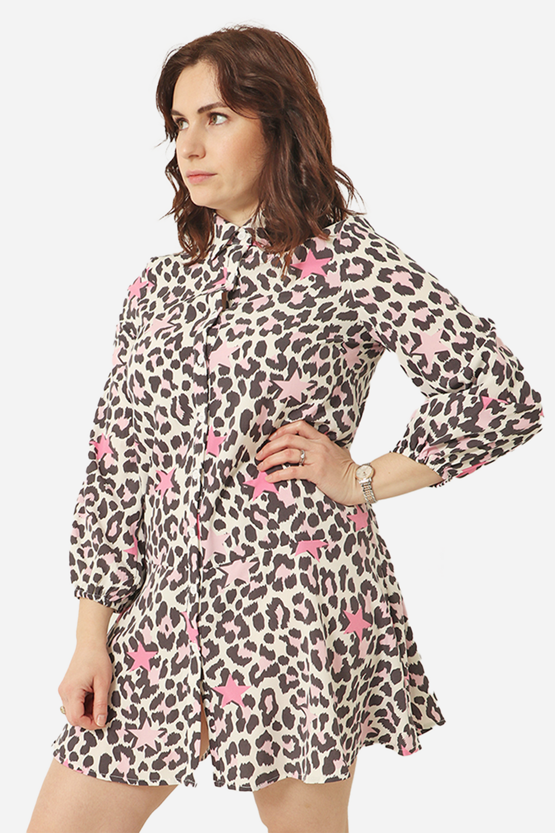Cream Pink Leopard and Star Short Tiered Shirt Dress