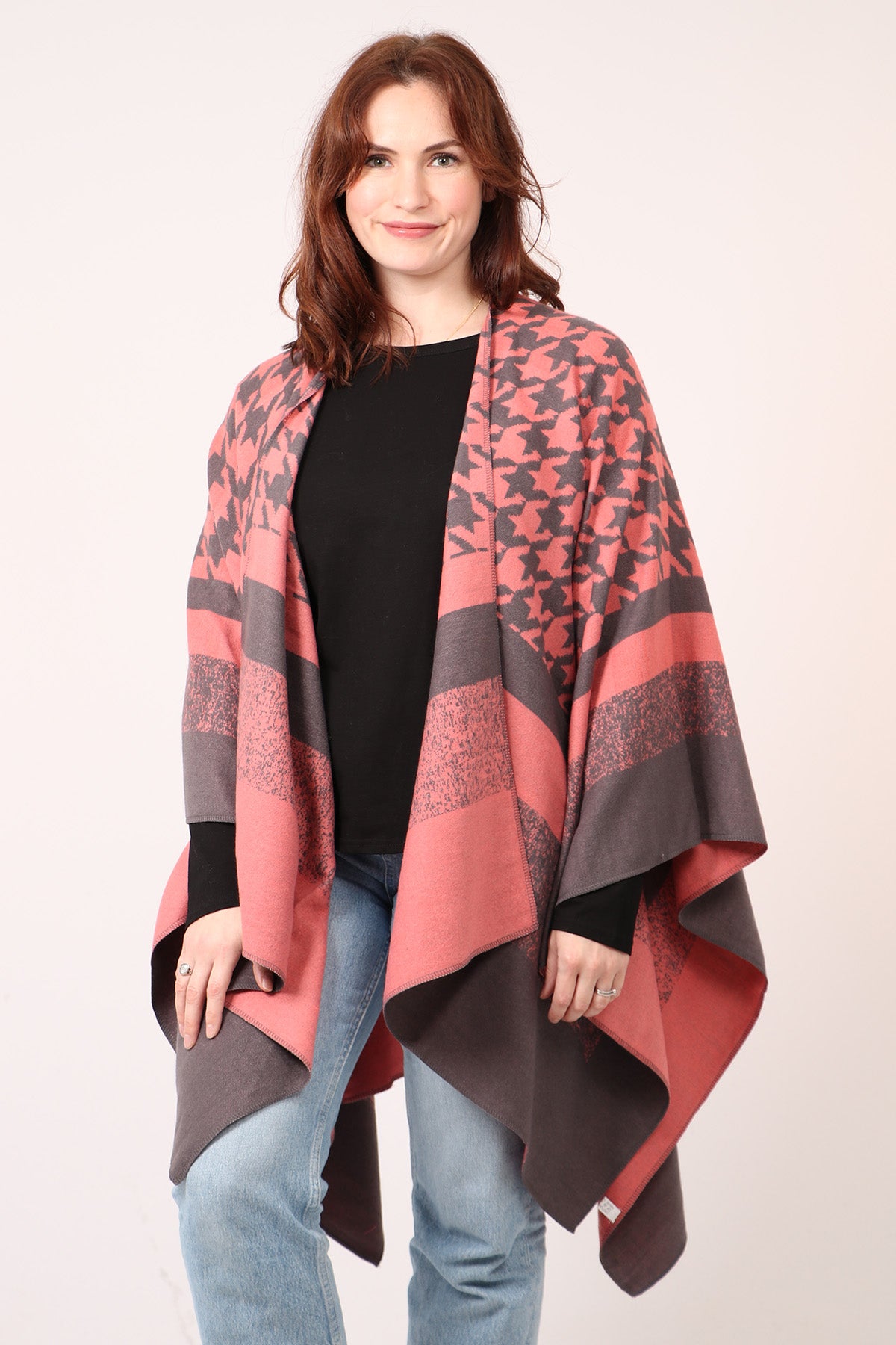 Womens Woven Pink Dog Tooth Cape MSH Wholesale