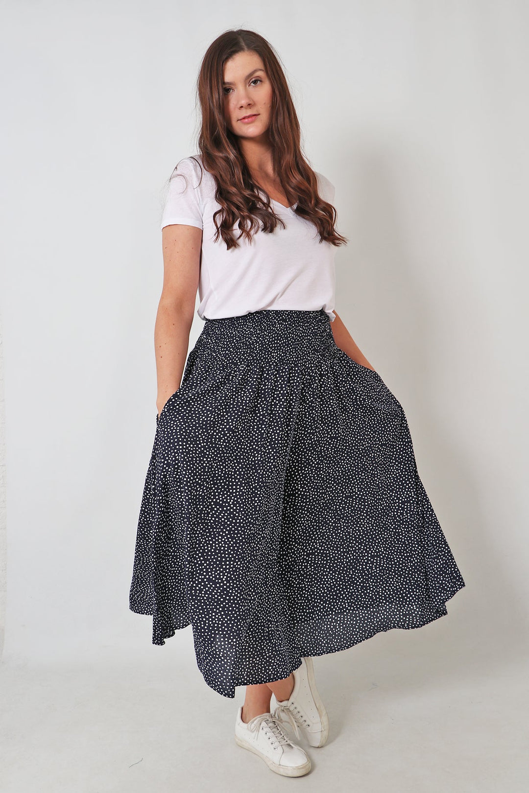 Navy White Scattered Polka Dot Elasticated Waist Culottes