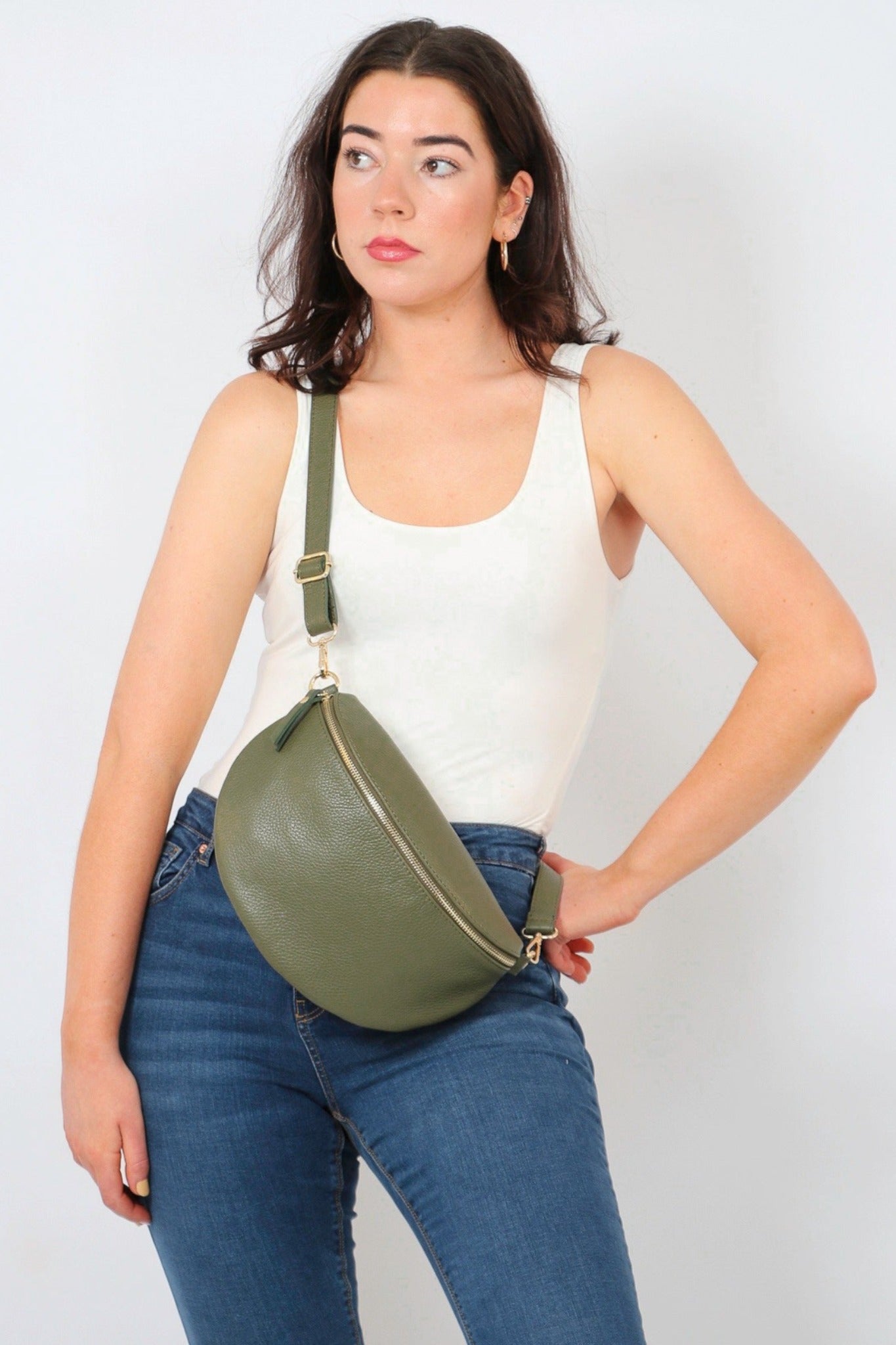 Khaki Large Italian Leather Half Moon Crossbody Bag – MSH Wholesale
