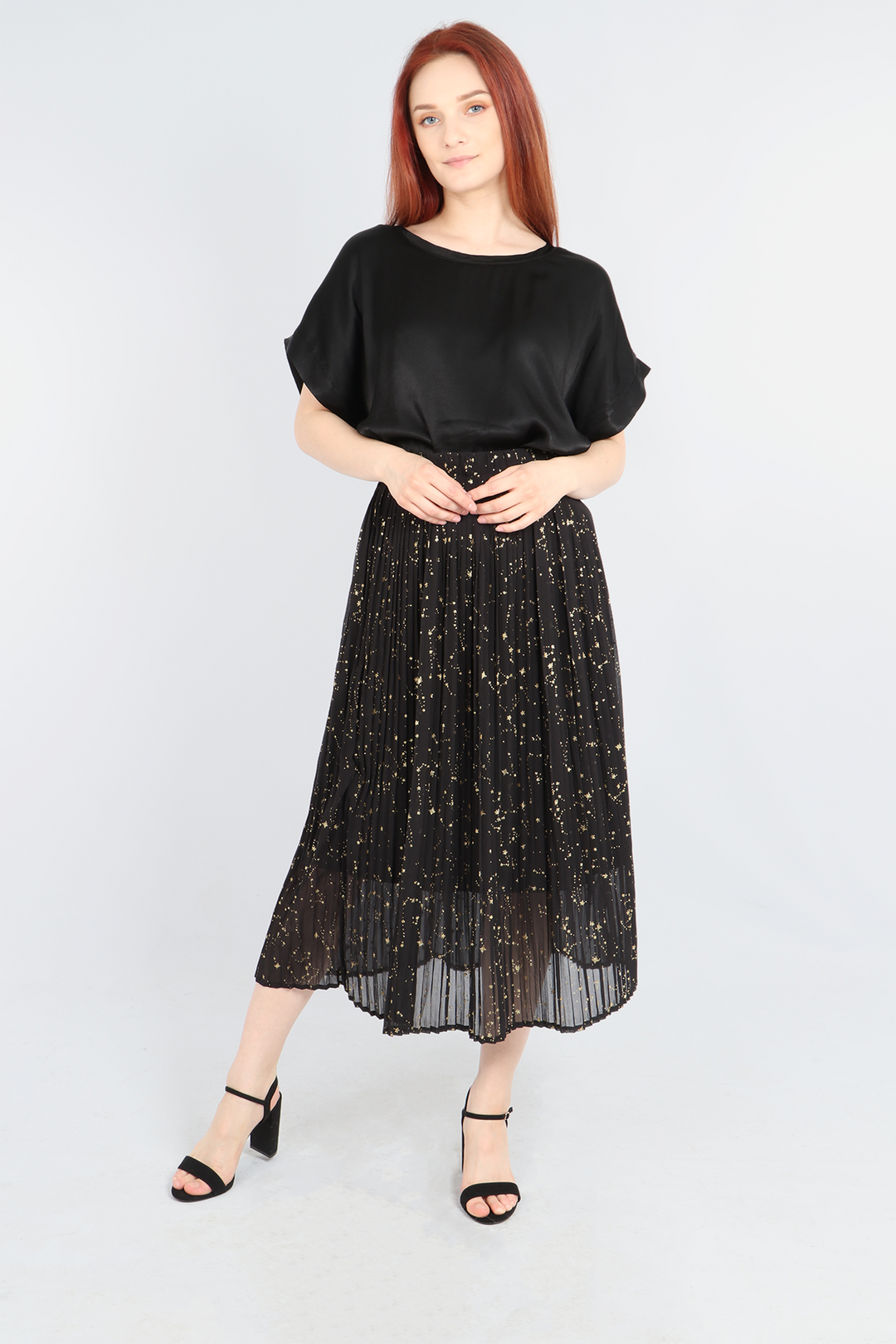 Black Gold Constellation Print Pleated Skirt