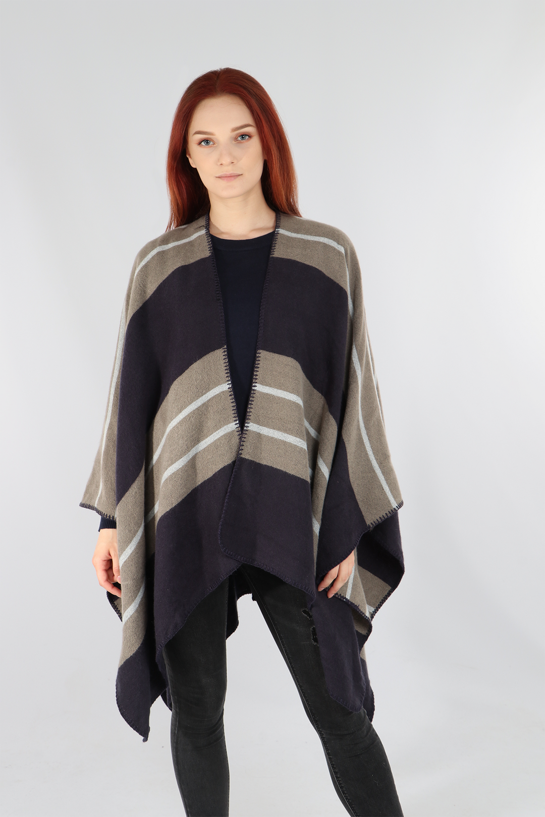 Navy Blue Colourblock Striped Cape
