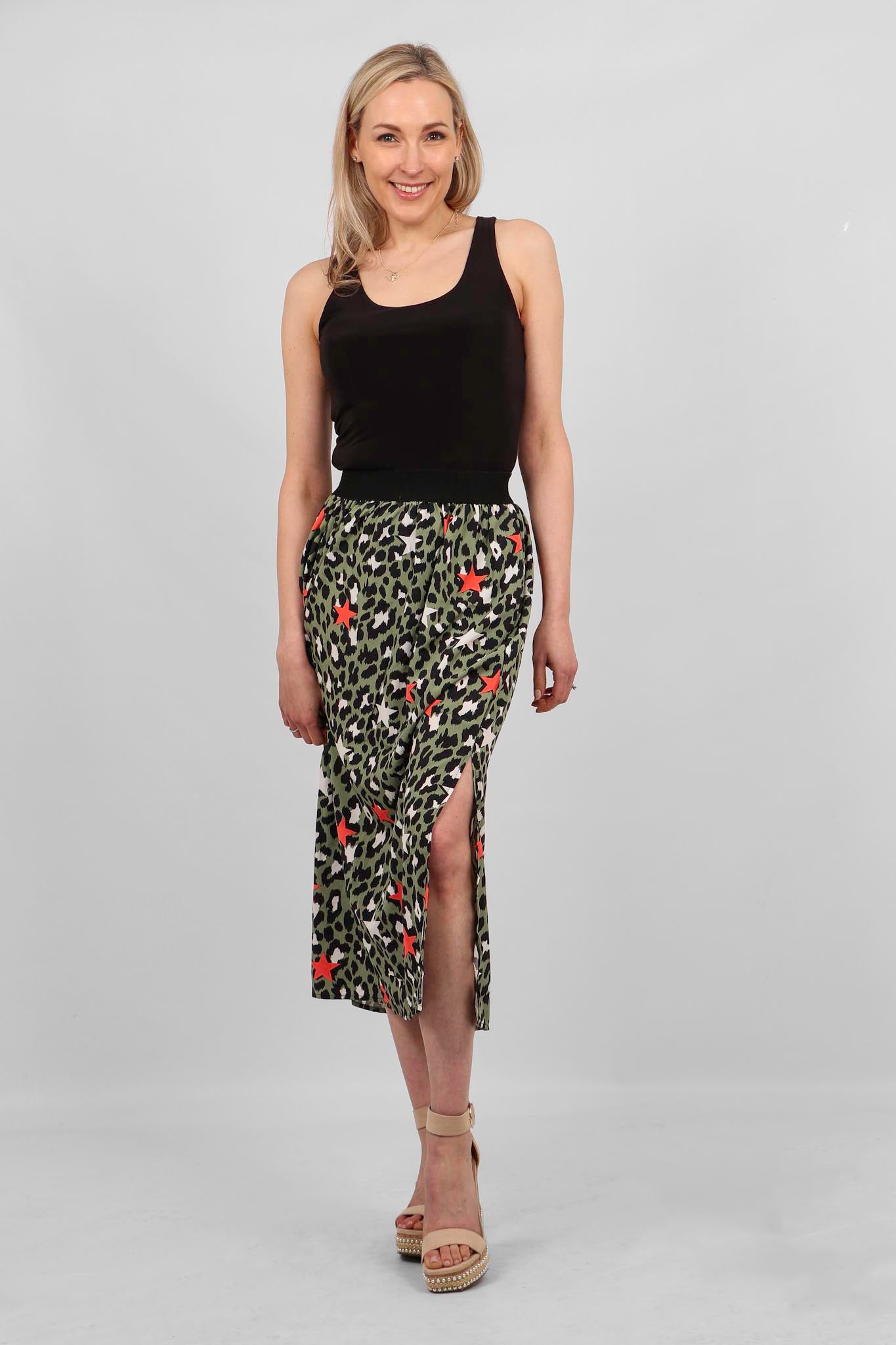 Khaki Black Leopard and Star Elasticated Waistband Maxi Skirt