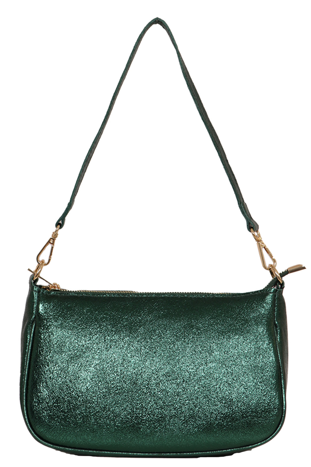 metallic dark green shoulder bag with gold hardware, zip closure and a detachable shoulder strap