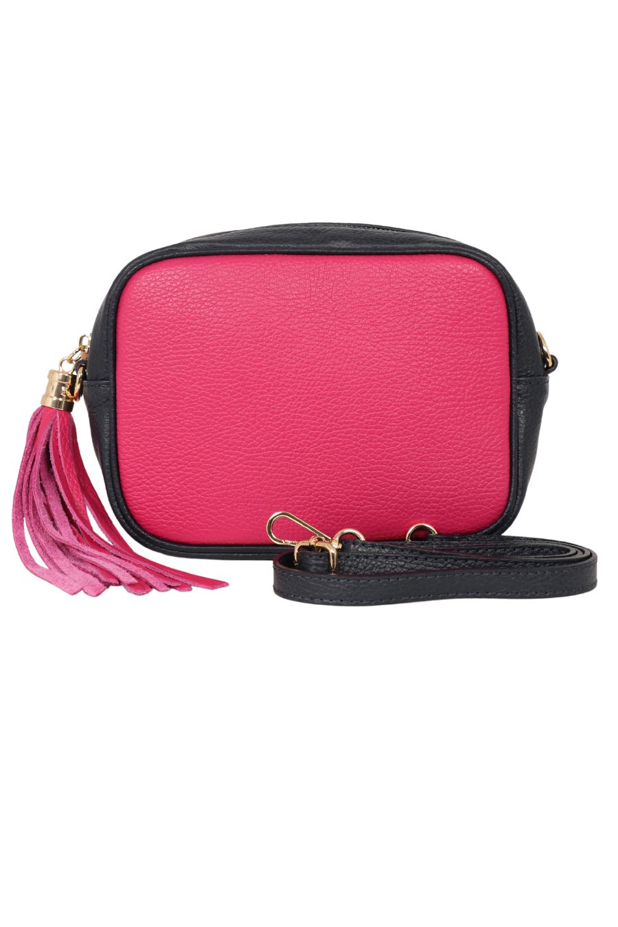 fuchsia pink and navy blue leather crossbody camera bag with a detachable navy blue bag strap