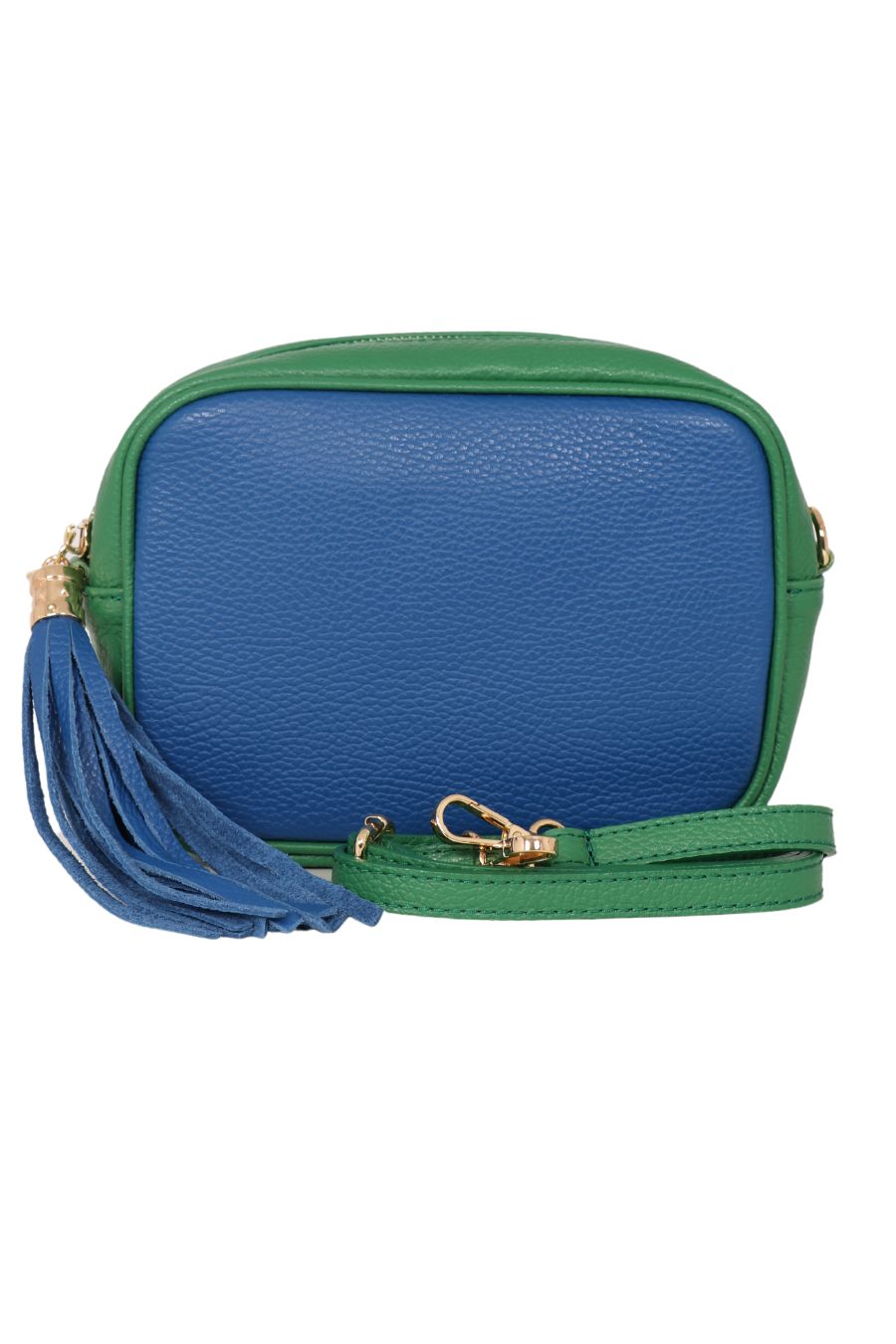 blue and green pebbled leather two tone crossbody camera bag with a green detachable bag strap