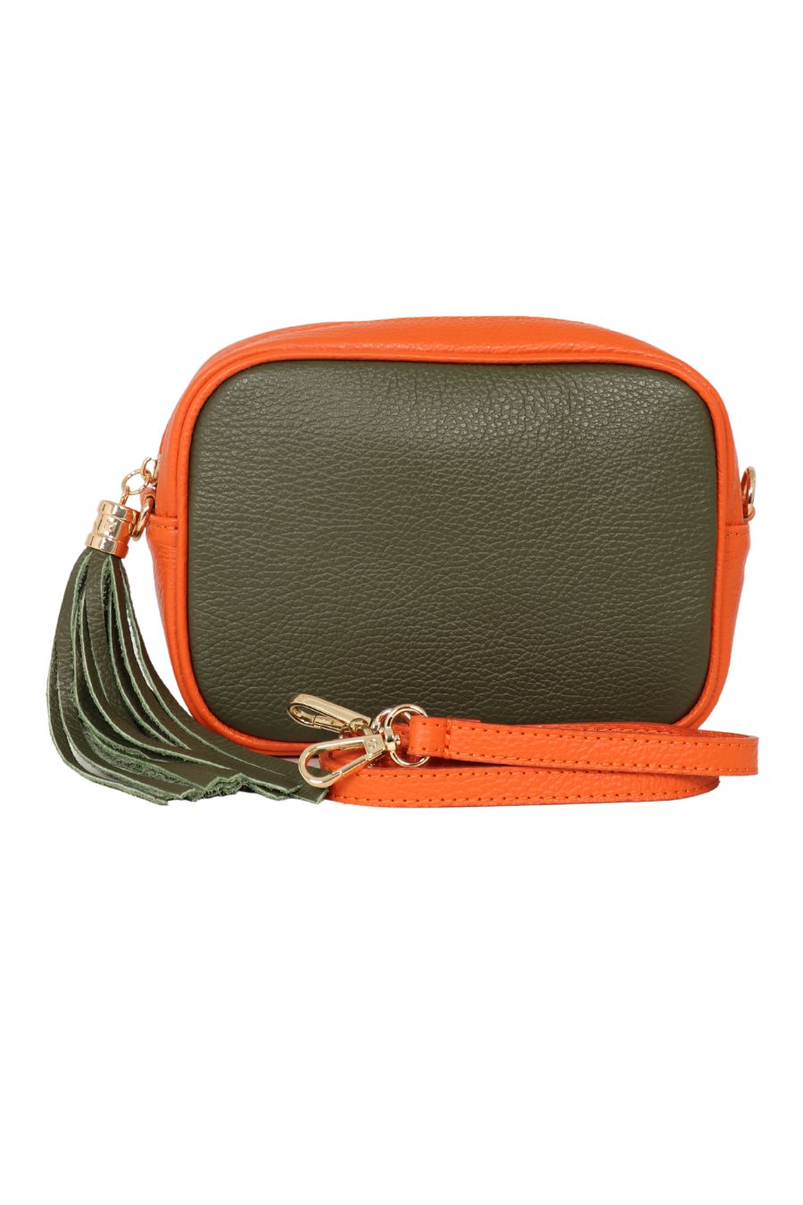 khaki green and orange two tone pebbled leather crossbody camera bag with an orange detachable bag strap and gold hardware