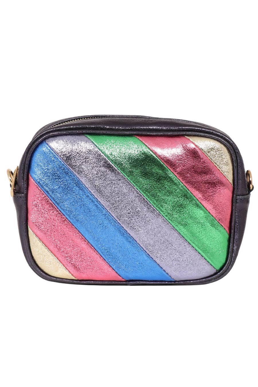 Navy Blue Rainbow Metallic Striped Genuine Italian Leather Camera Bag