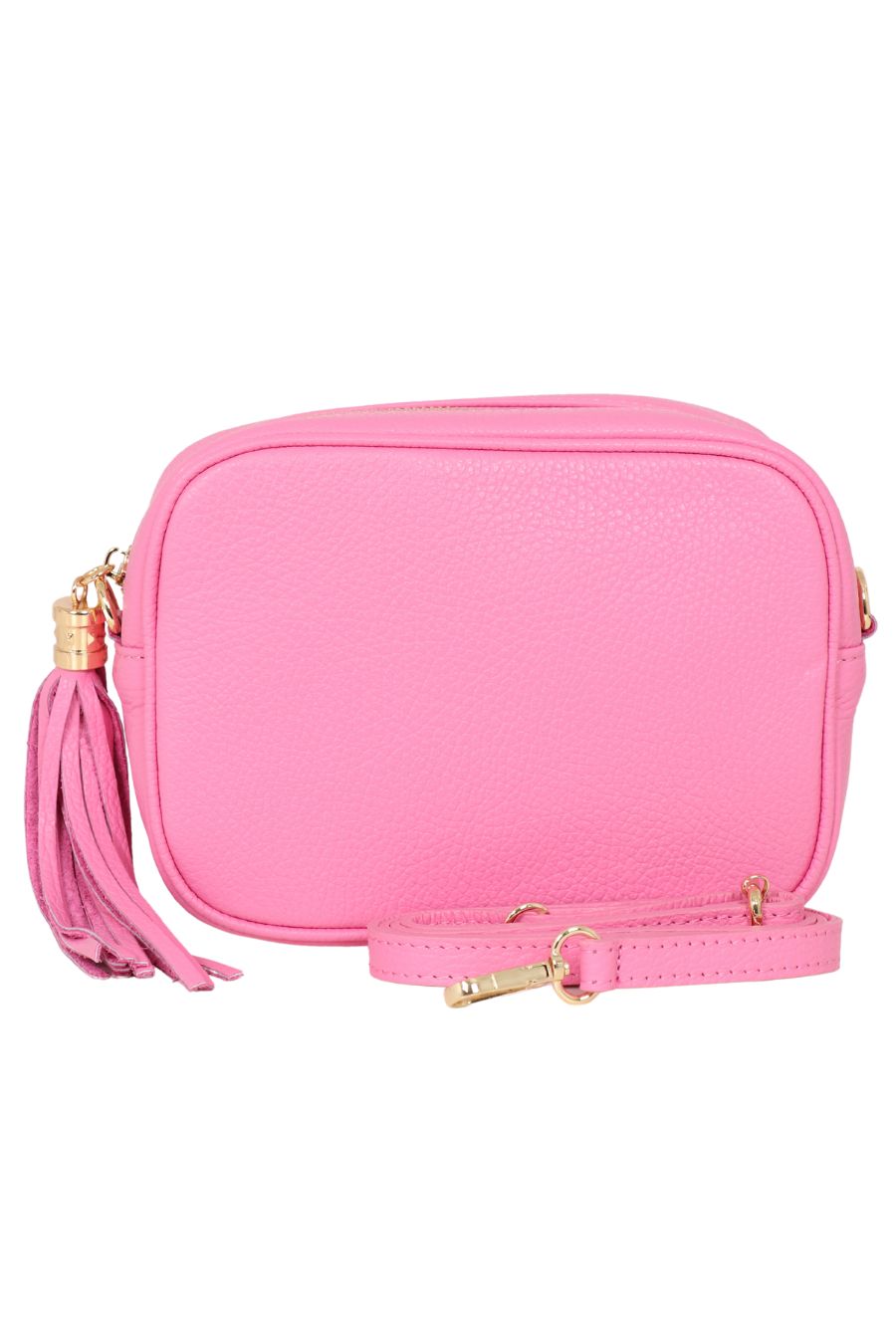 hot pink pebbled leather crossbody camera bag with detachable bag strap