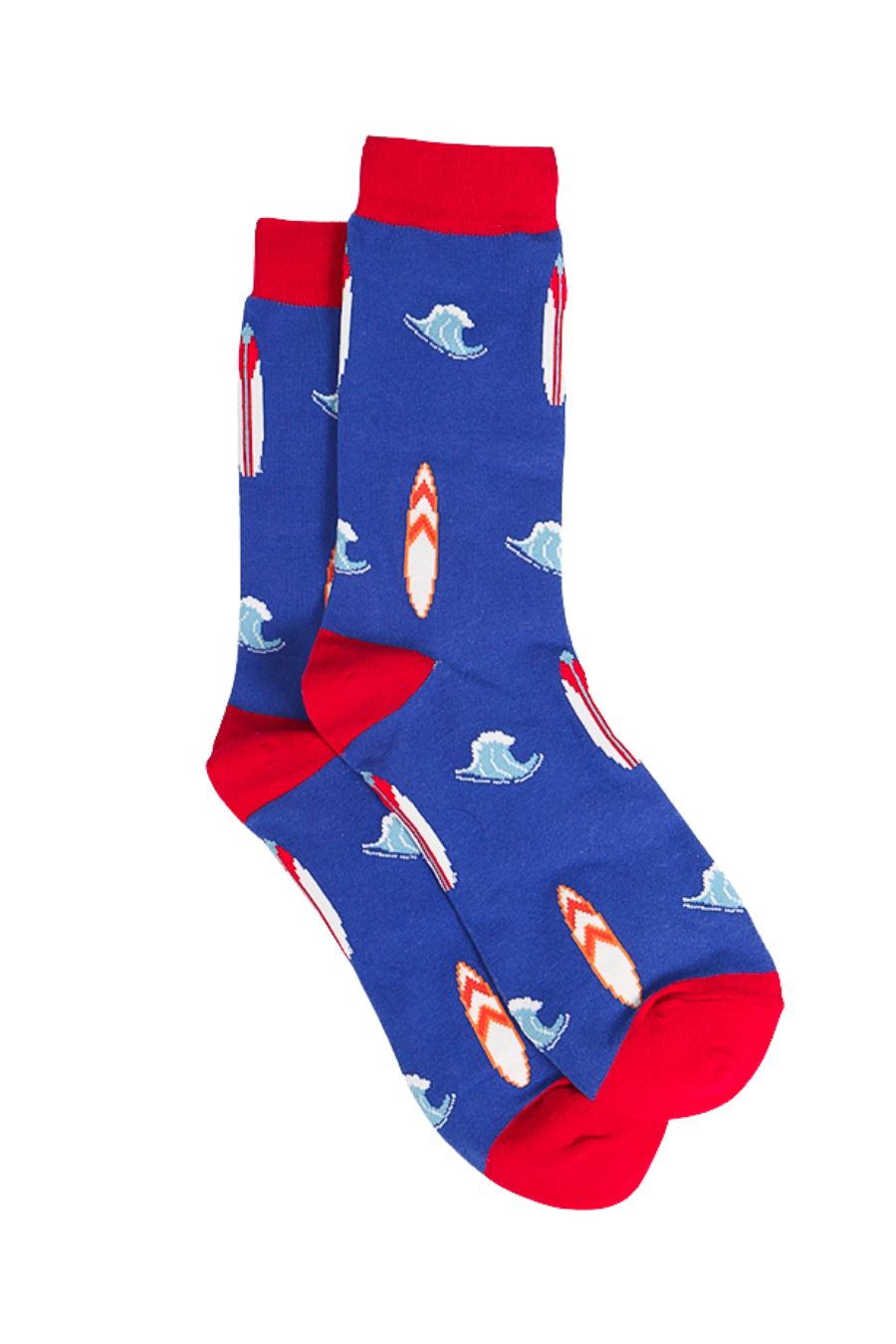 blue socks with a red heel, toe and cuff with an all over pattern of red surfboards and blue ocean waves
