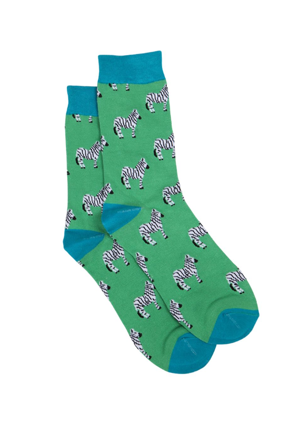 green socks with a pattern of zebras all over, the socks have a blue heel, toe and cuff