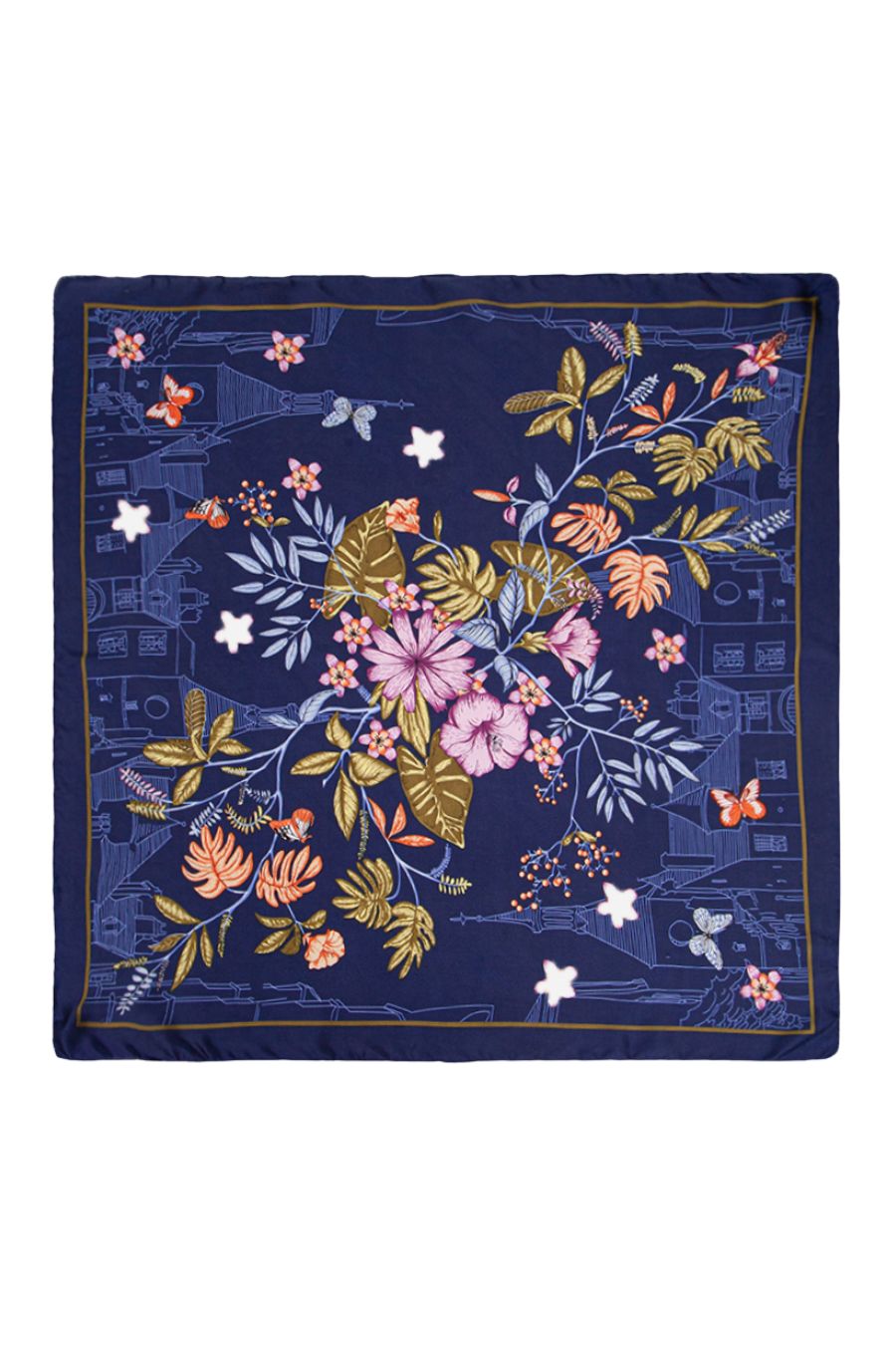 Blue Floral Print Faux Silk Square Scarf with Colour Block Border