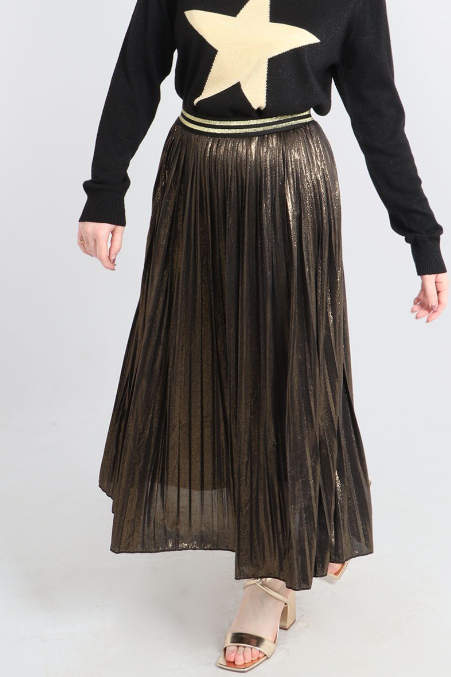 Black Gold Foil Pleated Skirt with Glitter Stripe Waistband
