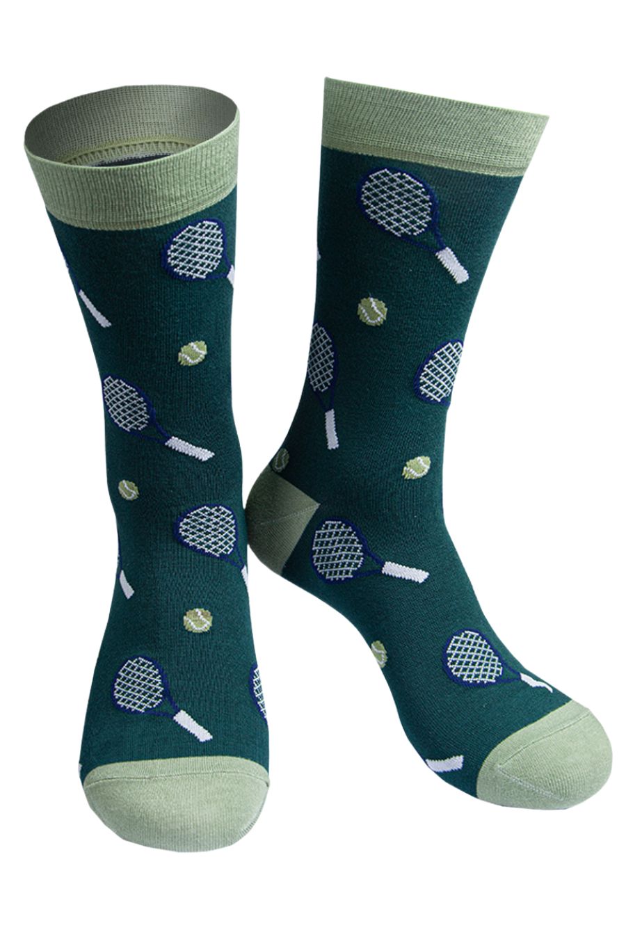 green bamboo dress socks with a pattern of tennis racquets and tennis balls