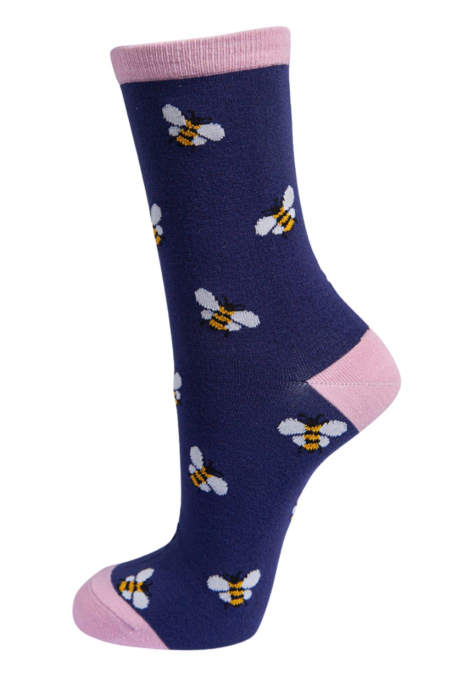 Womens Bamboo Bee Socks Bumblebees Ankle Socks Navy Blue