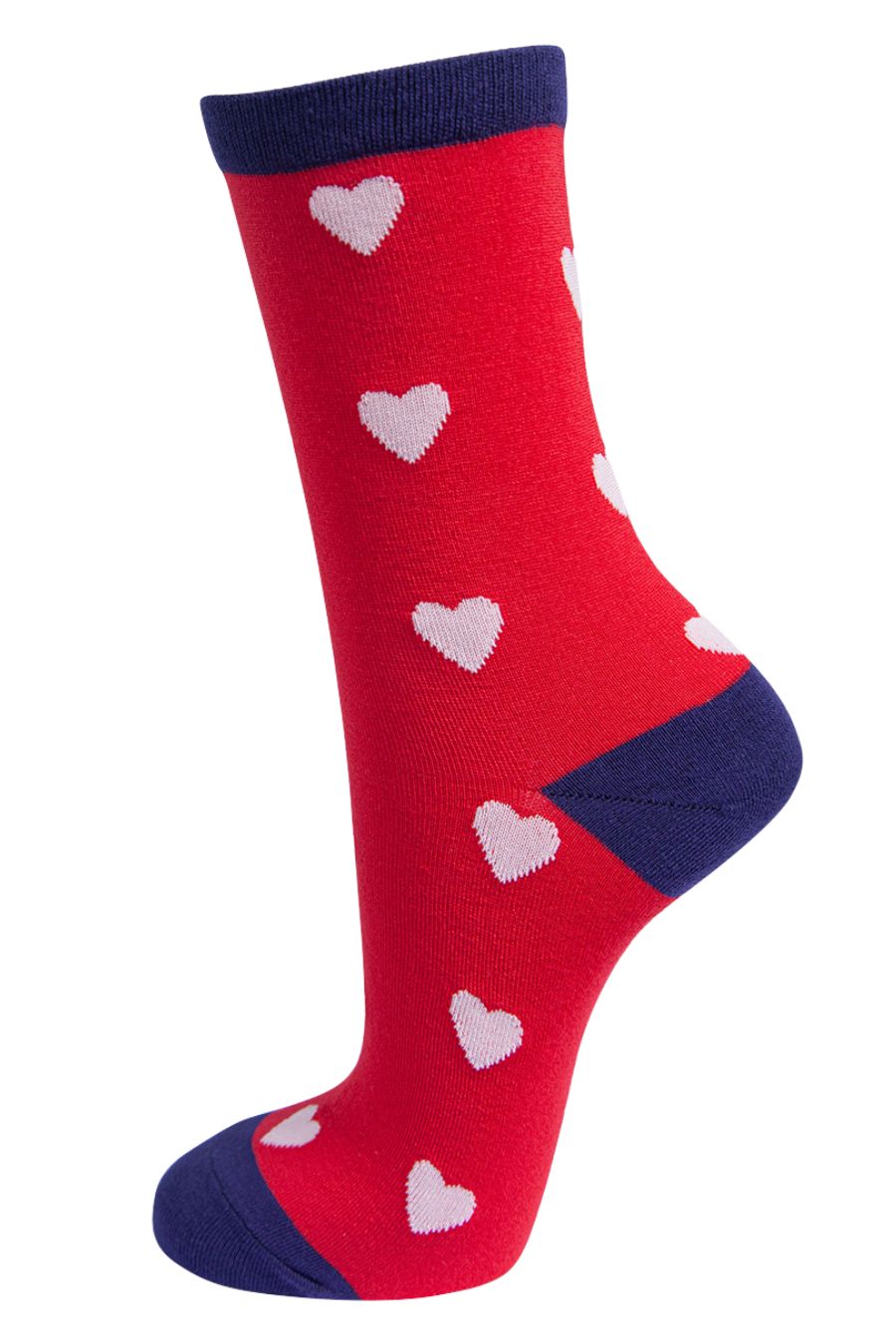 red bamboo socks with navy blue heel, toe and cuff with a light pink love heart pattern all over