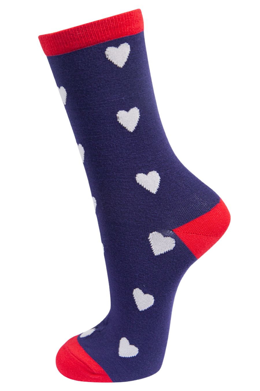 navy blue bamboo socks with red heel, toe and cuff with a white love heart pattern all over