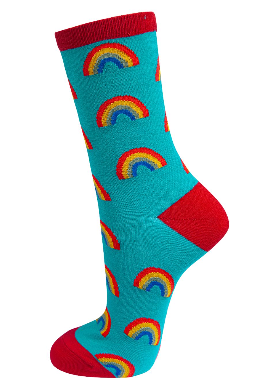 turquoise socks with an all over multicoloured rainbow pattern