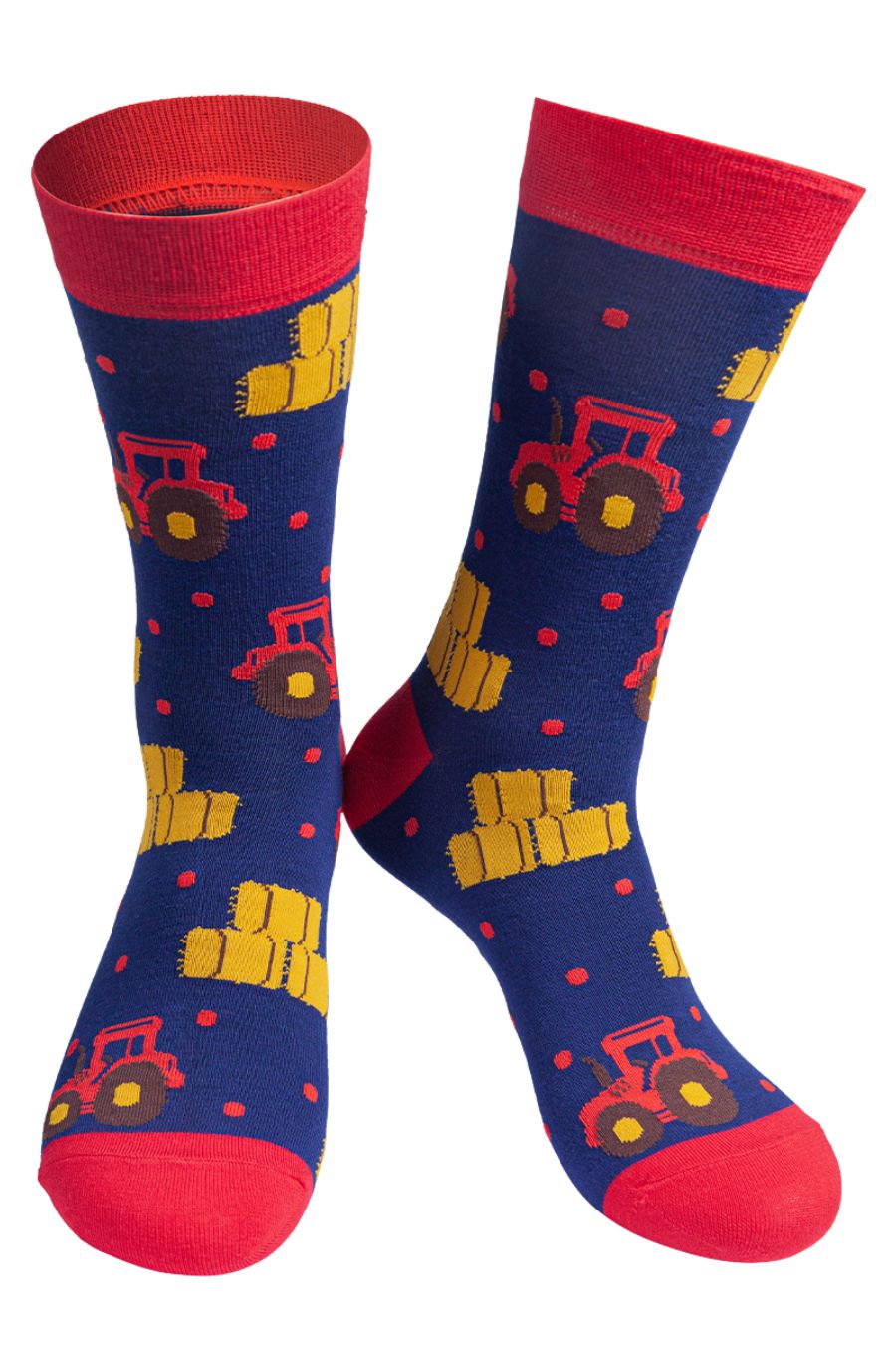 navy blue socks with red heel, toe and trim with an all over pattern of red tractors and bales of hay