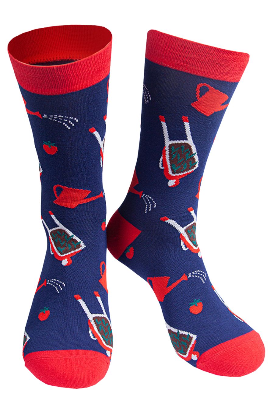 blue socks with red heel, toe and cuff with an all over pattern of wheelbarrows, watering cans and tomatoes