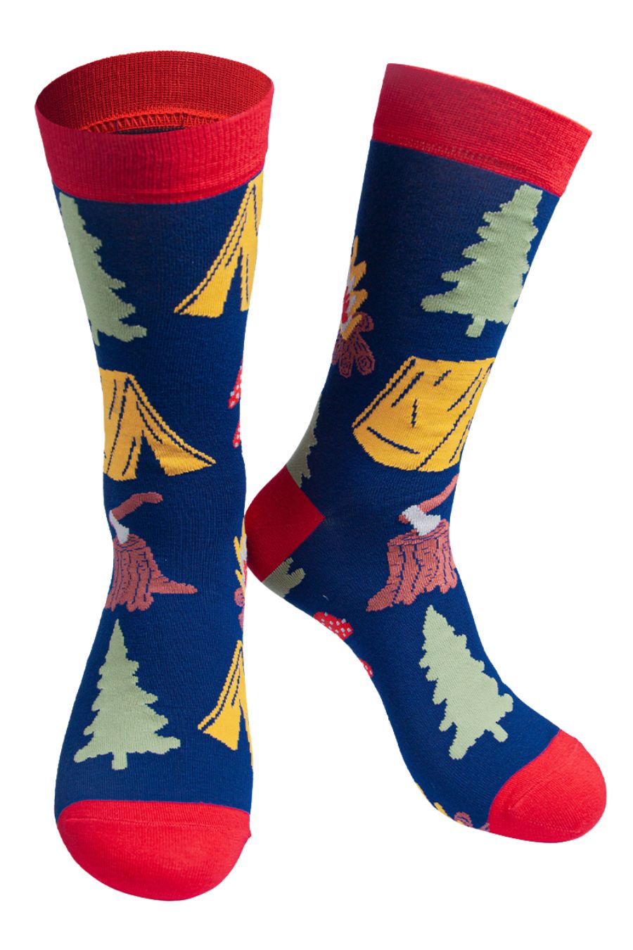 blue socks with red heel, toe and cuff with a patten of campfire, tents and trees